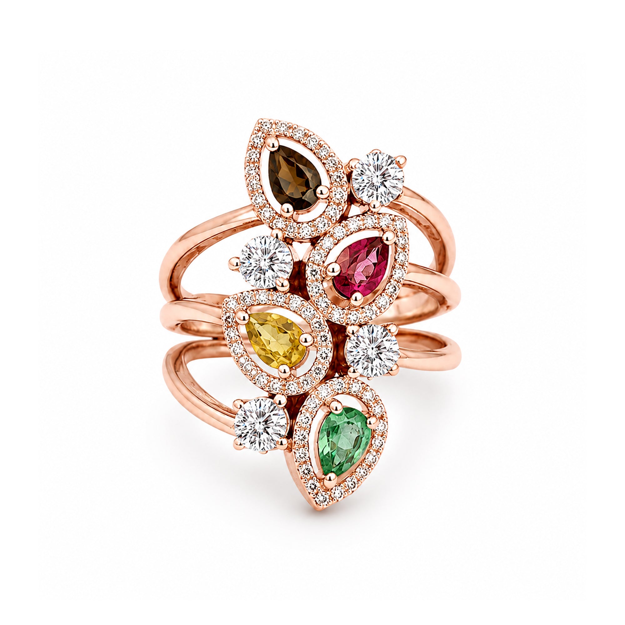 1.66 Karat Pırlanta, Topaz, Rodolit ve Safir Yüzük