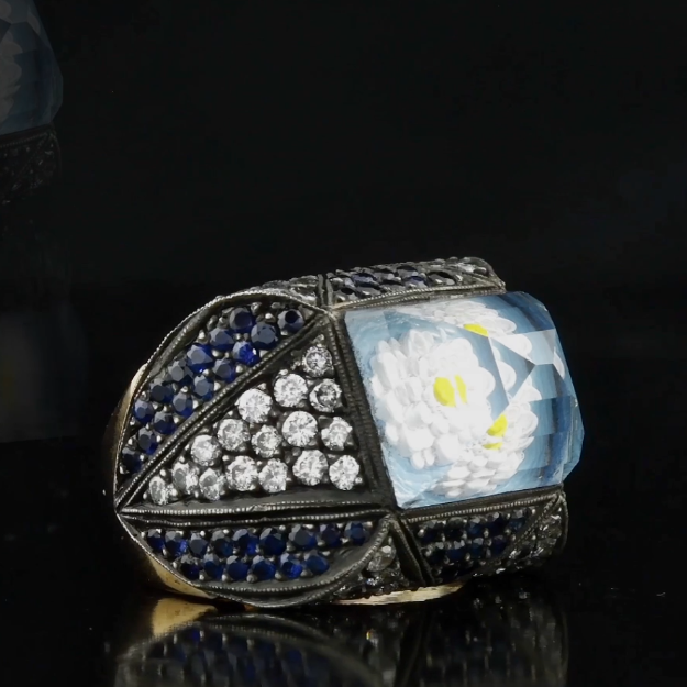 4.73 Karat Pırlanta Safir Yüzük, Çiçek Motifli